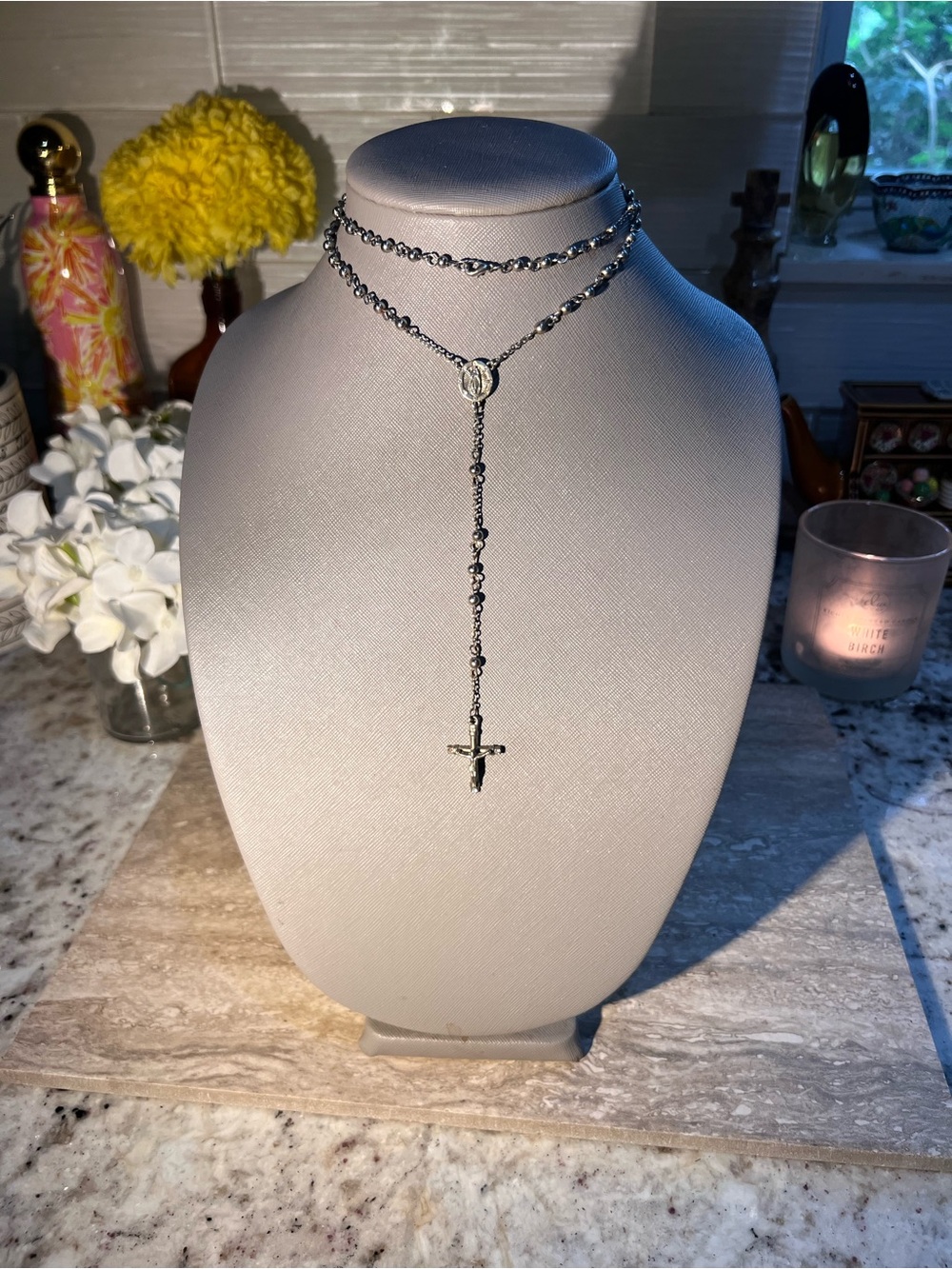 Rosary Cross Lariat Necklace - Silvertone Vintage